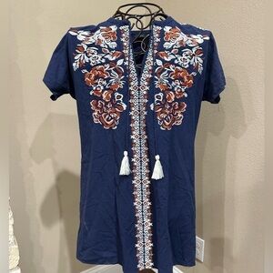 Women’s Blue Dress with white and rust orange embroidery, EUC!